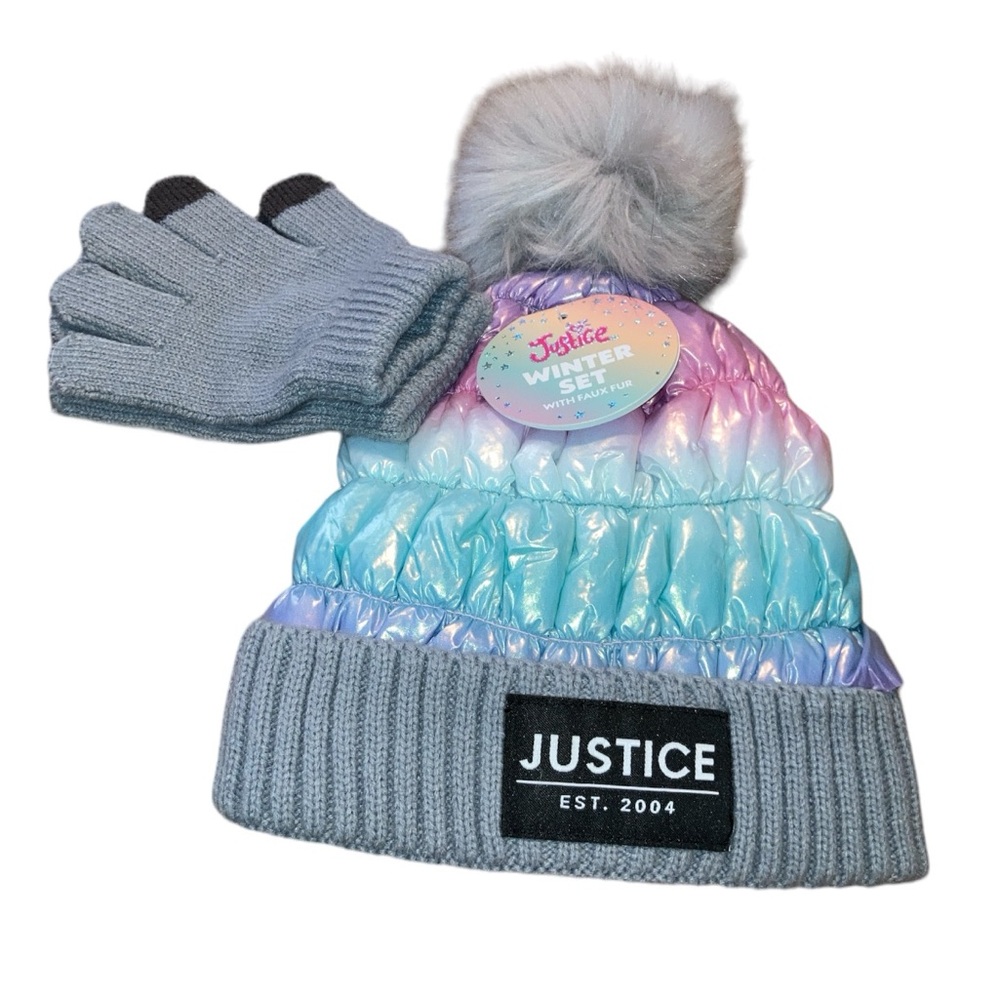 Justice Faux Fur Puffer Beanie With Pom Pom And Gloves - Picture 4 of 7